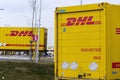 DHL shipping containers in front of Amazon logistics building on March 12, 2017 in Dobroviz, Czech republic.