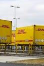 DHL shipping containers in front of Amazon logistics building on March 12, 2017 in Dobroviz, Czech republic.