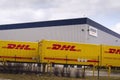 DHL shipping containers in front of Amazon logistics building on March 12, 2017 in Dobroviz, Czech republic.