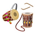 Dhol types of double-headed drum and wooden sticks vector illustration Royalty Free Stock Photo