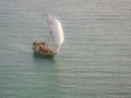 Dhow boat sails in the ocean at sunset Royalty Free Stock Photo