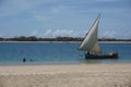 Dhow passing by the beach on Lamu Island with Manda Island in the background