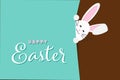 Colorful Happy Easter greeting card with rabbit, bunny, eggs with banners. Royalty Free Stock Photo