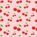 Cute cherry seamless pattern. Good for textile, wrapping, wallpapers, etc. Sweet red ripe cherries isolated on white