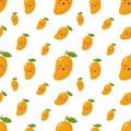 Seamless pattern with fresh bright exotic whole and sliced mango isolated on white background. Summer fruits for healthy Royalty Free Stock Photo