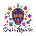 Dia de Los Muertos card with decorated skull, flowers and lettering sign