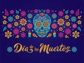 Dia de Los Muertos card with decorated skull, flowers and lettering sign Royalty Free Stock Photo