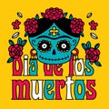 Dia de los muertos celebration greeting card with cute cartoon female calavera sugar skull , flowers hand drawn in