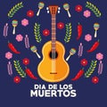 Dia de los muertos celebration poster with guitar and flowers