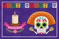 Dia de los muertos celebration poster with skull head and candle