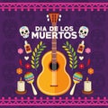 Dia de los muertos celebration poster with skulls couple and set icons
