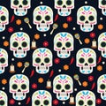 Dia de los muertos celebration poster with skulls heads and flowers group pattern