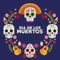 Dia de los muertos celebration poster with skulls heads group and guitars around