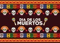 Dia de los muertos celebration poster with skulls heads group and maracas