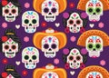 Dia de los muertos celebration poster with skulls heads group pattern