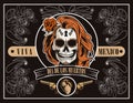 Dia de los muertos celebration with woman skull and heart in brown background