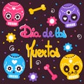 Dia de los muertos, Day of the dead, hand drawn lettering vector card illustration with colorful skulls, bones, flowers and confet Royalty Free Stock Photo