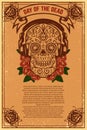 Dia de los muertos Day of the dead. Mexican sugar skull on grunge background. Design element for poster, logo, label, sign, card Royalty Free Stock Photo