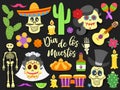 Dia de los muertos. Day of the Dead traditional mexican holiday elements set. Paper cut style flat icons with shadow on