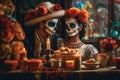 Dia de los muertos. Day of The Dead. Woman and man with sugar skull makeup on a floral background. Halloween. Royalty Free Stock Photo