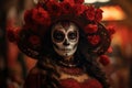 Dia de los muertos. Day of The Dead. Woman with sugar skull makeup on a floral background. Calavera Catrina. Halloween. Royalty Free Stock Photo