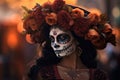 Dia de los muertos. Day of The Dead. Woman with sugar skull makeup on a floral background. Calavera Catrina. Halloween. Royalty Free Stock Photo