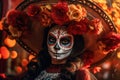 Dia de los muertos. Day of The Dead. Woman with sugar skull makeup on a floral background. Calavera Catrina. Halloween. Royalty Free Stock Photo