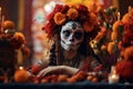 Dia de los muertos. Day of The Dead. Woman with sugar skull makeup on a floral background. Calavera Catrina. Halloween. Royalty Free Stock Photo