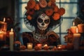 Dia de los muertos. Day of The Dead. Woman with sugar skull makeup on a floral background. Calavera Catrina. Halloween. Royalty Free Stock Photo