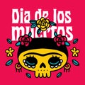 Dia de los Muertos greeting card concept. Vector doodle color illustration with Catrina sugar festive skull with rose Royalty Free Stock Photo