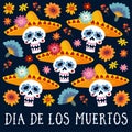 Dia de los Muertos greeting card, invitation. Mexican Day of the Dead. Decorative skulls with sombrero hat, mums Royalty Free Stock Photo