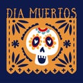 Dia de los Muertos greeting card, invitation. Mexican Day of the Dead. Handmade paper cut party flag with ornametal