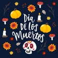 Dia de Los Muertos greeting card, invitation. Mexican Day of the Dead. Ornamental skull, lettering text, pumpkins