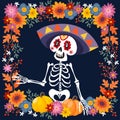 Dia de Los Muertos greeting card, invitation. Mexican Day of the Dead. Ornamental skull, skeleton with sombrero hat
