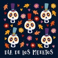 Dia de Los Muertos greeting card, invitation. Mexican Day of the Dead. Ornamental sugar skulls with hat and autumn leaves and flow Royalty Free Stock Photo