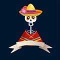 Dia de Los Muertos greeting card, invitation. Mexican Day of the Dead. Skeleton in poncho and with sombrero hat. Ornamental skull.