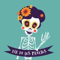 Dia de Los Muertos greeting card, invitation. Mexican Day of the Dead. Skeleton woman with flowers and ribbon banner Royalty Free Stock Photo