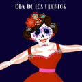 Dia de Los Muertos greeting card, invitation. Mexican Day of the Dead. Woman with flowers dressed as skeleton. Ornamental skul