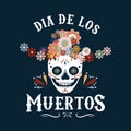 Dia de los Muertos greeting card with smiling skull in hat and flowers