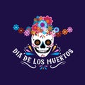 Dia de los Muertos greeting card with smiling skull and mexican flowers