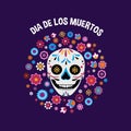 Dia de los Muertos greeting card with smiling skull and mexican flowers