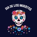 Dia de los Muertos greeting card with smiling women skull and flowers