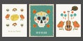 Dia De Los Muertos holiday cards temolate skull, pan de muerto, guitar, maraca, marigold