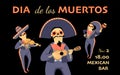 Dia de los muertos invitation banner with cartoon skeletons in traditional mariacci clothes playing musical instruments