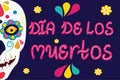 The dia de los muertos label is isolated on a dark background. Mexican holiday with bright colors lettering. Vector Royalty Free Stock Photo