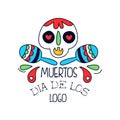 Dia De Los Muertos logo, Mexican Day of the Dead holiday poster with sugar skull and maracas, holiday party banner