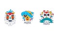 Dia de Los Muertos Logo Templates Set, Mexican Day of Dead Traditional Mexican Festival Colorful Hand Drawn Labels