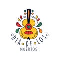 Dia De Los Muertos logo, traditional Mexican Day of the Dead design element with guitar, holiday party banner, poster