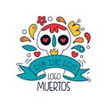 Dia De Los Muertos logo, traditional Mexican Day of the Dead design element with sugar festive skull, holiday party Royalty Free Stock Photo