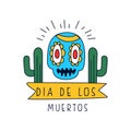 Dia De Los Muertos logo, traditional Mexican Day of the Dead design element with sugar skull and cactus, holiday party